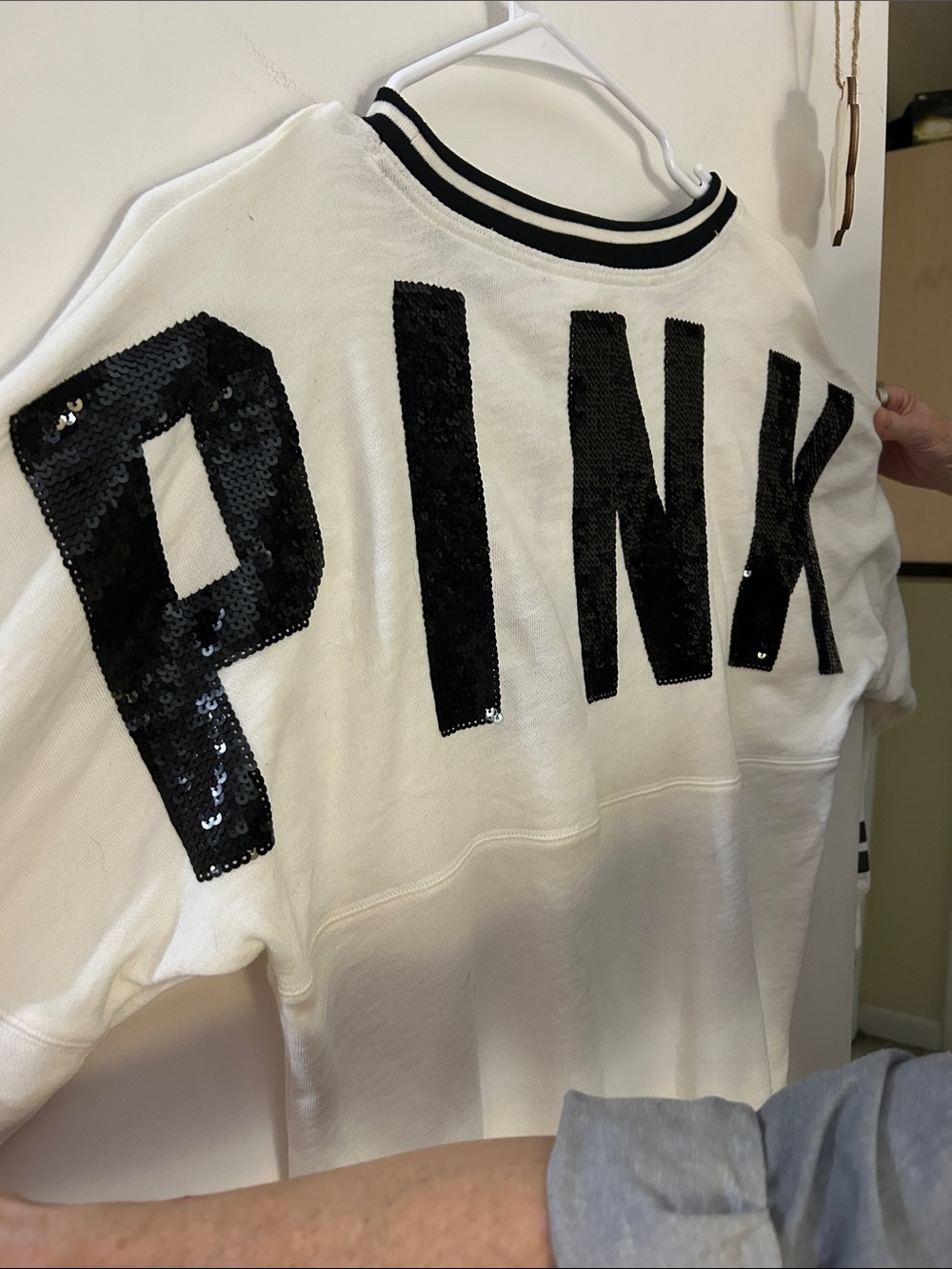 PINK Victoria's Secret White Sweatshirt with Black Sequin Logo